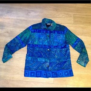 Chico’s woman’s button up embroidered shirt with silk lining size 2